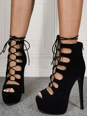 プラスサイズ ハイヒール セクシーサンダル ブラック マイクロスエードアッパー スティレットヒールシューズ