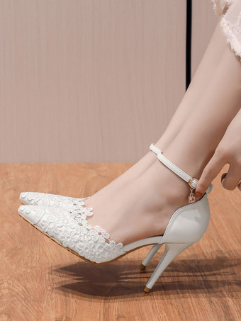 ウェディングシューズホワイトPUレザー尖ったつま先の花スティレットヒールスリップオンレースアッププラスサイズのかかと