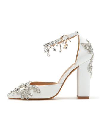 Zapatos de boda PU Blanco Rhinestones de cuero puntiagudo Toe Chunky Heel Plus Tamaño Zapatos nupciales