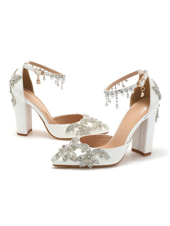 ウェディングシューズPUレザーラインストーン ポインテッドトゥ チャンキーヒールプラスサイズのブライダルシューズ ホワイト