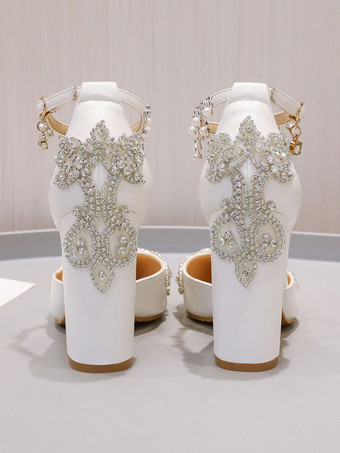 ウェディングシューズPUレザーラインストーン ポインテッドトゥ チャンキーヒールプラスサイズのブライダルシューズ ホワイト