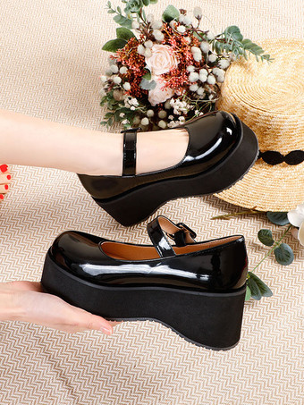 アカデミックロリータフットウェアブラックラウンドトゥPUレザー毎日カジュアルロリータポンプ