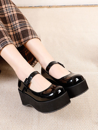 アカデミックロリータフットウェアブラックラウンドトゥPUレザー毎日カジュアルロリータポンプ