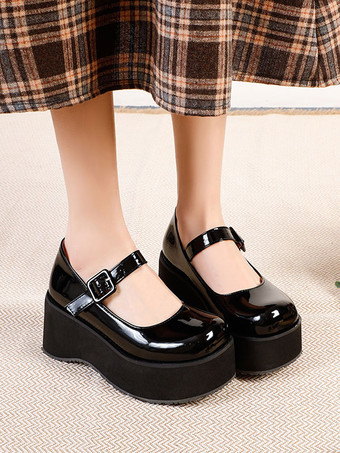 Academic Lolita Shoes Black Round Toe PU Leather Daily Casual Lolita Pumps