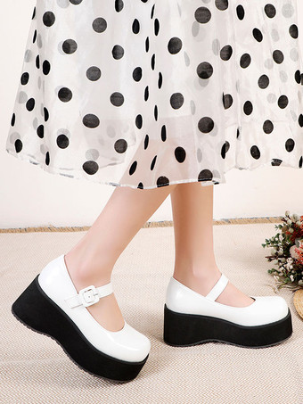 ホワイト アカデミックロリータフットウェアブラックラウンドトゥPUレザー毎日カジュアルロリータポンプ