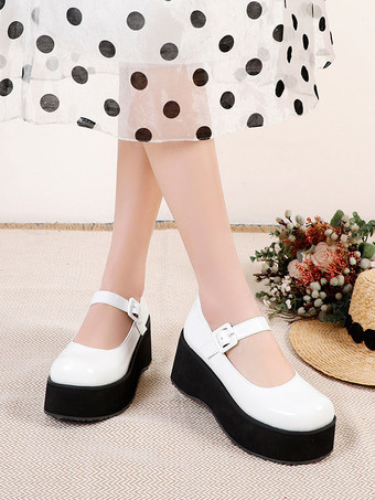 アカデミックロリータフットウェアブラックラウンドトゥPUレザー毎日カジュアルロリータポンプ