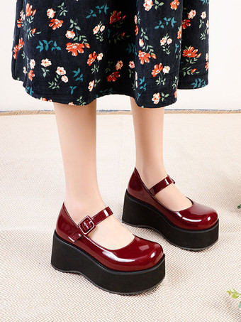 ワインレッド アカデミックロリータフットウェアブラックラウンドトゥPUレザー毎日カジュアルロリータポンプ
