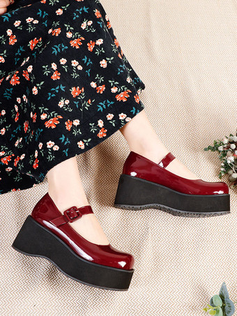 アカデミックロリータフットウェアブラックラウンドトゥPUレザー毎日カジュアルロリータポンプ