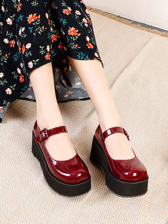 アカデミックロリータフットウェアブラックラウンドトゥPUレザー毎日カジュアルロリータポンプ