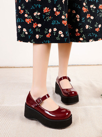 アカデミックロリータフットウェアブラックラウンドトゥPUレザー毎日カジュアルロリータポンプ
