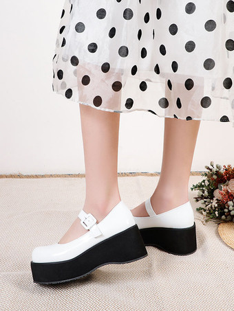 ホワイト アカデミックロリータフットウェアブラックラウンドトゥPUレザー毎日カジュアルロリータポンプ