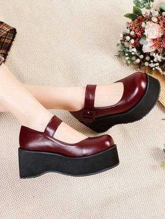 アカデミックロリータフットウェアブラックラウンドトゥPUレザー毎日カジュアルロリータポンプ