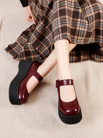 アカデミックロリータフットウェアブラックラウンドトゥPUレザー毎日カジュアルロリータポンプ