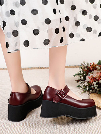 ワインレッド アカデミックロリータフットウェアブラックラウンドトゥPUレザー毎日カジュアルロリータポンプ