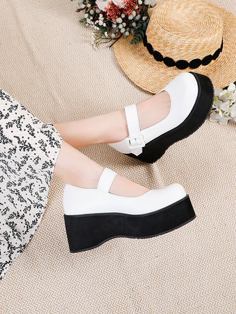 アカデミックロリータフットウェアブラックラウンドトゥPUレザー毎日カジュアルロリータポンプ