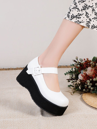 アカデミックロリータフットウェアブラックラウンドトゥPUレザー毎日カジュアルロリータポンプ