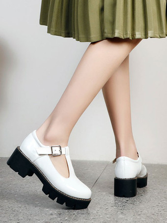 Lolitashow Academic Lolita Shoes White PU Leather Round Toe Lolita Pumps
