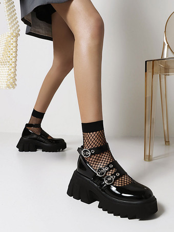 Gothic Lolita Footwear Black Runde TOE PU Leder Schnürsteine u200bu200bTäglich Lässige Lolita Schuhe