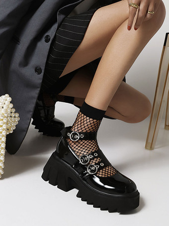 Gothic Lolita Footwear Black Runde TOE PU Leder Schnürsteine u200bu200bTäglich Lässige Lolita Schuhe