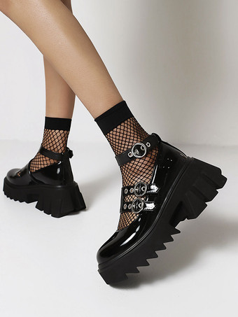 Gothic Lolita Footwear Black Runde TOE PU Leder Schnürsteine u200bu200bTäglich Lässige Lolita Schuhe