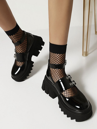 Gothic Lolita Footwear Black Runde TOE PU Leder Schnürsteine u200bu200bTäglich Lässige Lolita Schuhe