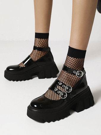 Calzado gótico Lolita Negro Punta redonda Cuero de PU con cordones Zapatos Lolita informales diarios