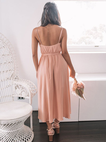 ブライドメイドドレスピンクAラインノースリーブVネックジッパーシフォンウェディングパーティードレス