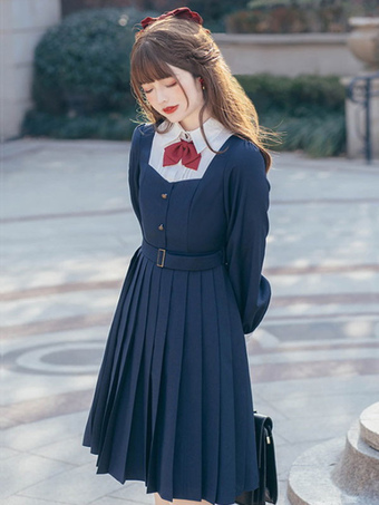 Academy Sweet Lolita OP Kleid Schuluniform JK Outfit Langarm Zweifarbige Tiefblaue Polyester Bowknot Lolita Einteilige Kleider