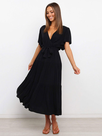 ブラック 女性マキシドレス半袖ラベンダーVネックレースアップレイヤードポリエステルサマーロングドレス