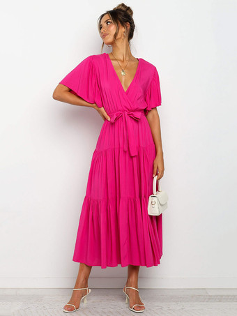 ローズレッド女性マキシドレス半袖ラベンダーVネックレースアップレイヤードポリエステルサマーロングドレス