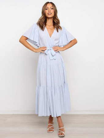 ライトスカイブルー女性マキシドレス半袖ラベンダーVネックレースアップレイヤードポリエステルサマーロングドレス