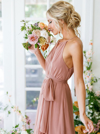 Robe de demoiselle d'honneur Robe trapèze col rond décolleté en mousseline de soie longueur au sol robe de soirée