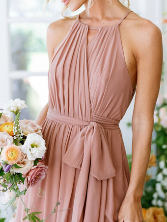 Robe de demoiselle d'honneur Robe trapèze col rond décolleté en mousseline de soie longueur au sol robe de soirée