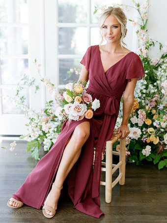 ブライドメイドドレスAライン半袖Vネックフロアレングスジッパーシフォンブルゴーニュウェディングパーティードレス