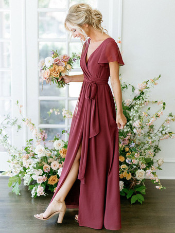 ブライドメイドドレスAライン半袖Vネックフロアレングスジッパーシフォンブルゴーニュウェディングパーティードレス