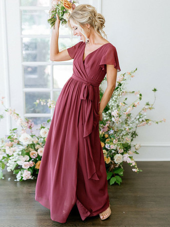 ブライドメイドドレスAライン半袖Vネックフロアレングスジッパーシフォンブルゴーニュウェディングパーティードレス