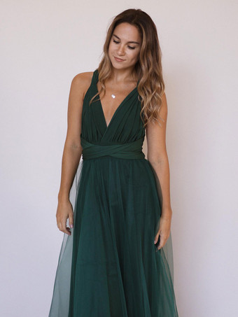 ブライドメイドドレスAラインフロアレングスVネックノースリーブジッパーシングルスレッドチュールグリーンウェディングパーティードレス