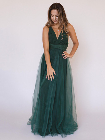 Bridesmaid Dresses A-Line Floor-Length V-Neck Sleeveless Zipper Single Thread Tulle Green Wedding Party Dress Free Customization