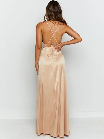 Robe de domoiselle d'honneur champagne en satin stretch col V plongeant jupe fendu longueur au sol