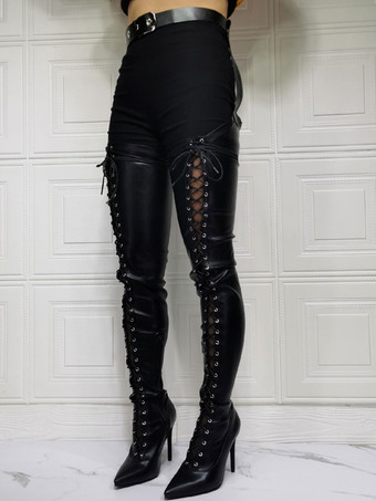 セクシーなハイヒールブーツプラスサイズポインテッドトゥブーツシャフト調節可能なバックルスティレットヒールブラックサイハイブーツ膝上ブーツ