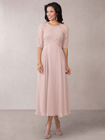 Bridal Mother Dress Flesh Color Jewel Neck Half Sleeves A-Line Lace Pleated Floor-Length Wedding Guest Dresses