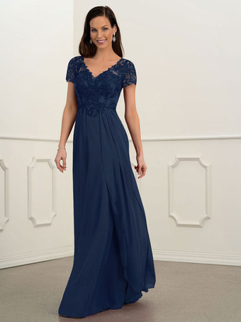 ブライダルマザードレスネイビーブルーのVネック半袖アラインシフォンレースの床長さのゲストドレス