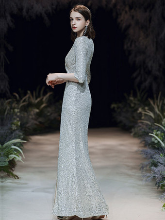 Evening Dress 2025 Sliver Sheath V-Neck Floor-Length Long Sleeves Zipper Pleated Sequined Formal Dresses Wedding Guest Dresses