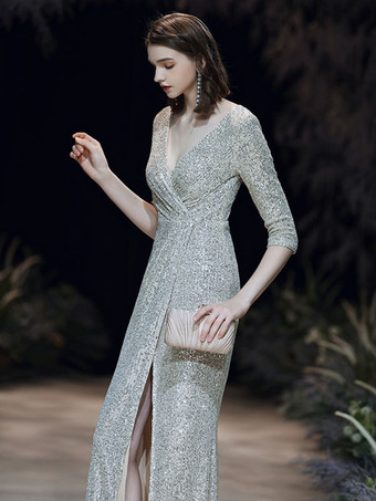 Evening Dress 2025 Sliver Sheath V-Neck Floor-Length Long Sleeves Zipper Pleated Sequined Formal Dresses Wedding Guest Dresses