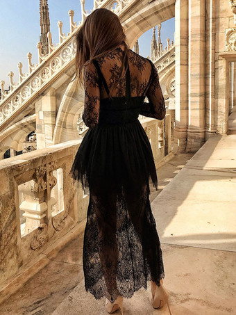 黒のイブニングドレスシースジュエルネック長袖レースプリーツソーシャルパーティードレスページェントドレス