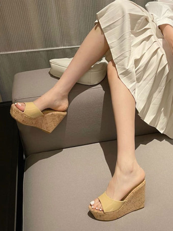 レディースブラックマレールピープトウウェッジヒール特許PU夏ヒールスリッパ