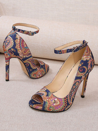 ブルー レディースブルーヒールピープトウスティレットヒールエレガントアンクルストラッププラスサイズカジュアルヒールシューズ