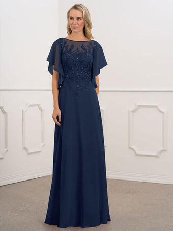 ダークネイビーブライダル マザー ドレス バトー ネック 半袖 A ライン ビーズ シフォン ネイビー ブルー ロング ウェディング ゲスト ドレス