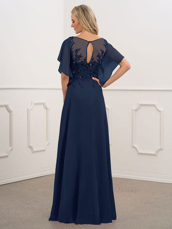 ブライダル マザー ドレス バトー ネック 半袖 A ライン ビーズ シフォン ネイビー ブルー ロング ウェディング ゲスト ドレス