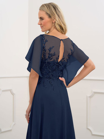 ブライダル マザー ドレス バトー ネック 半袖 A ライン ビーズ シフォン ネイビー ブルー ロング ウェディング ゲスト ドレス